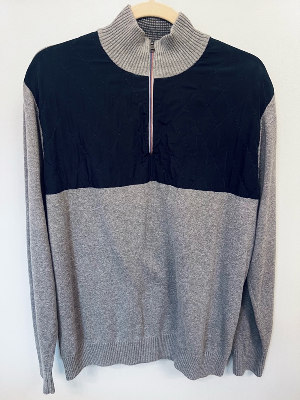 Charleston Threads Two-Tone Quilted Navy/Grey Quarter-Zip Sweater 100% Cotton